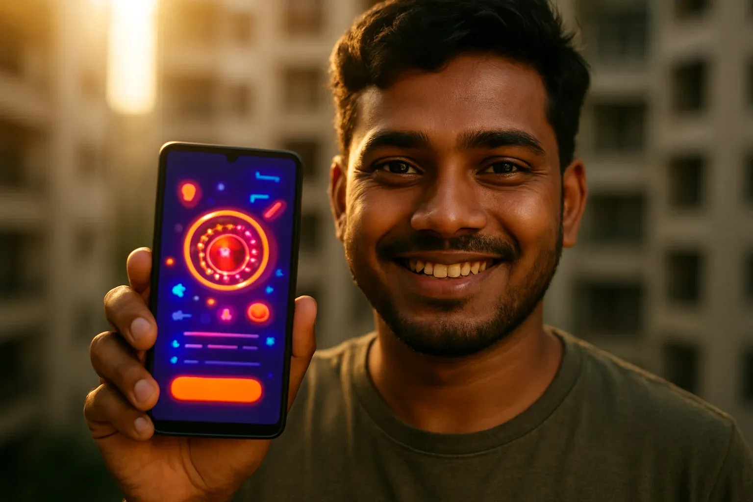 Young Bangladeshi man holding smartphone showing colorful casino app interface