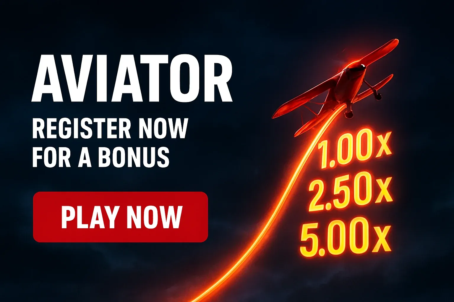 Aviator crash game banner with red plane, multipliers, and play button