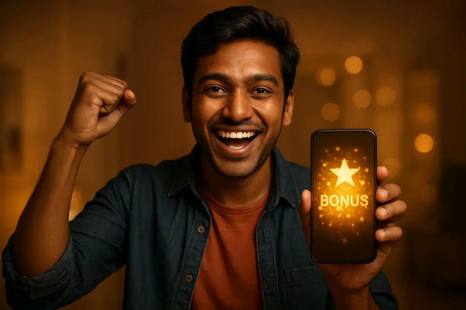 Joyful Bangladeshi man holding smartphone with glowing bonus notification screen