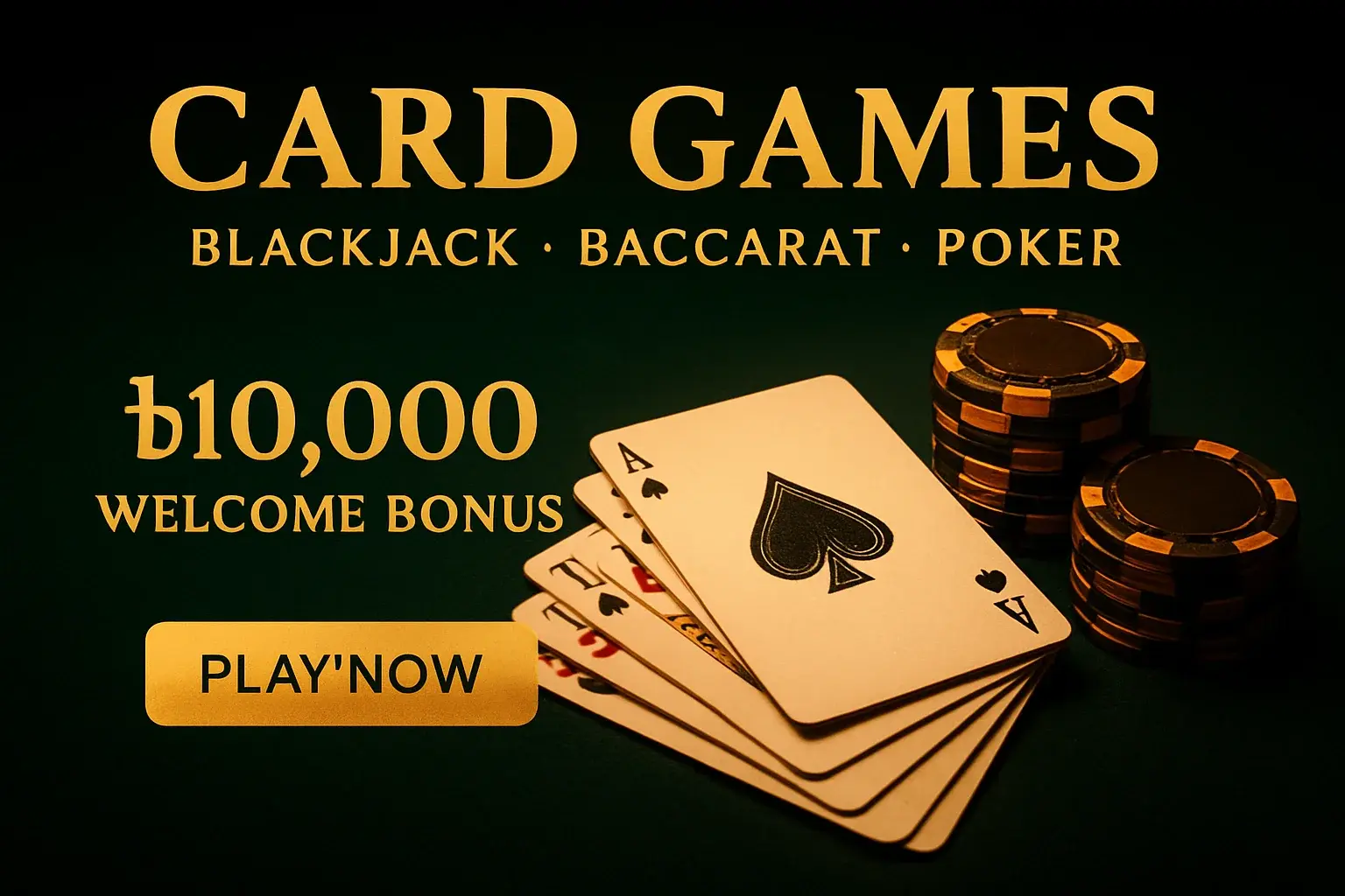 Card games banner with playing cards, chips, bonus, and play button