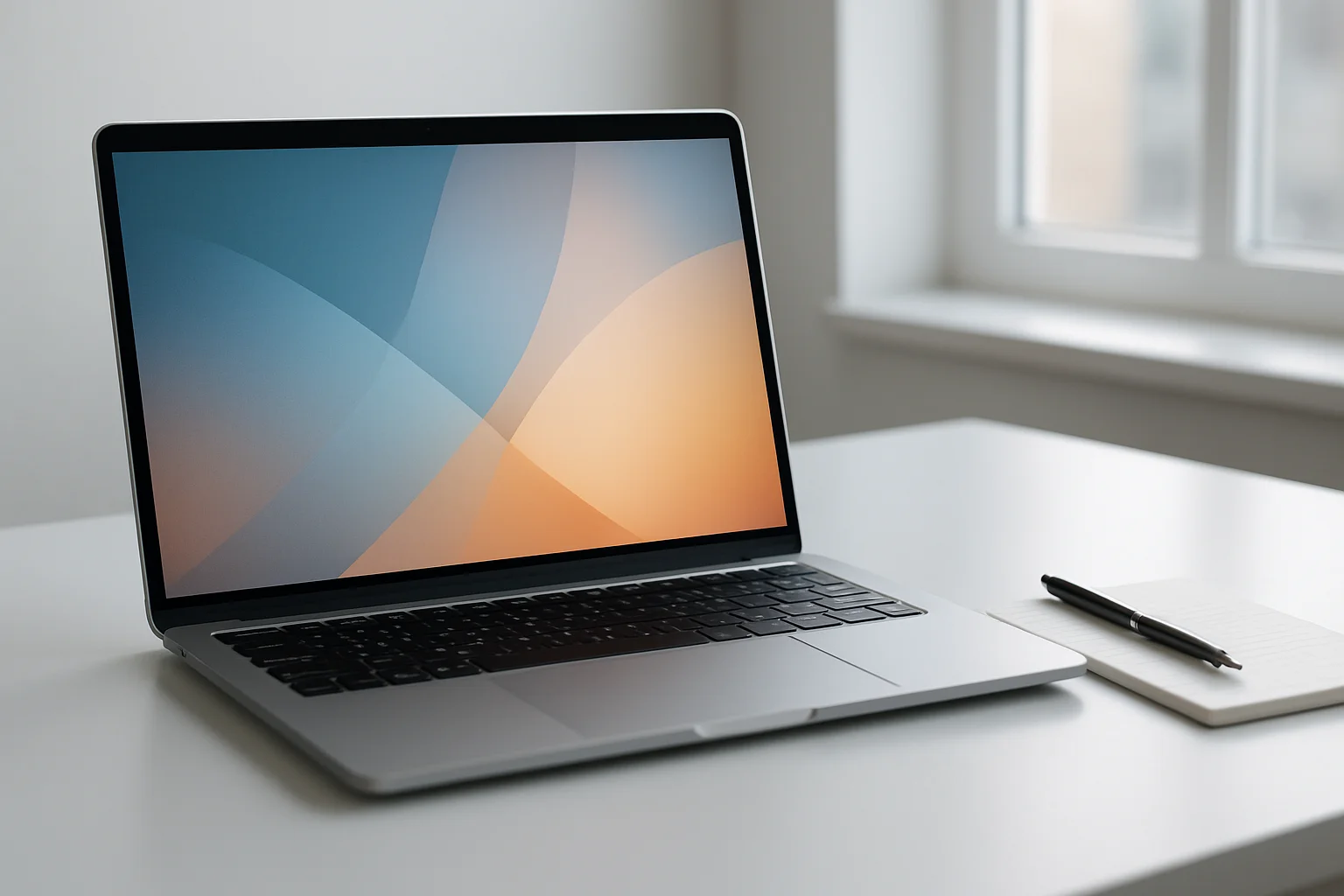 Modern laptop on white desk with abstract glowing screen and notepad