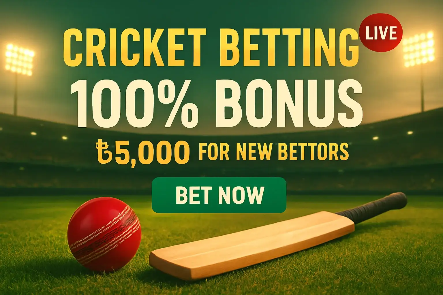 Cricket betting banner with stadium, bat, ball, bonus, and bet button