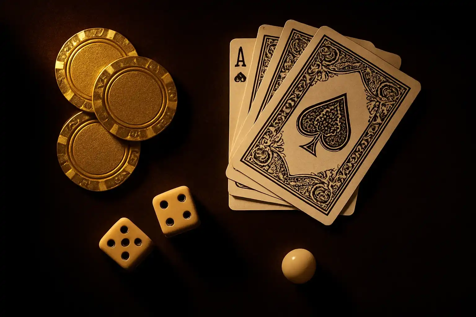 Top-down casino scene with chips, cards, dice, and roulette ball