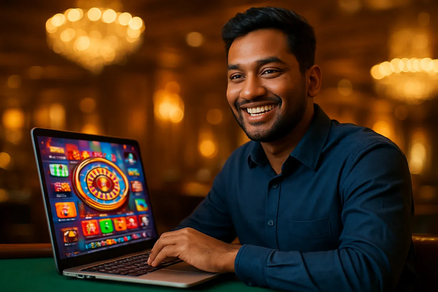 Cheerful Bangladeshi man with open laptop showing colorful casino interface