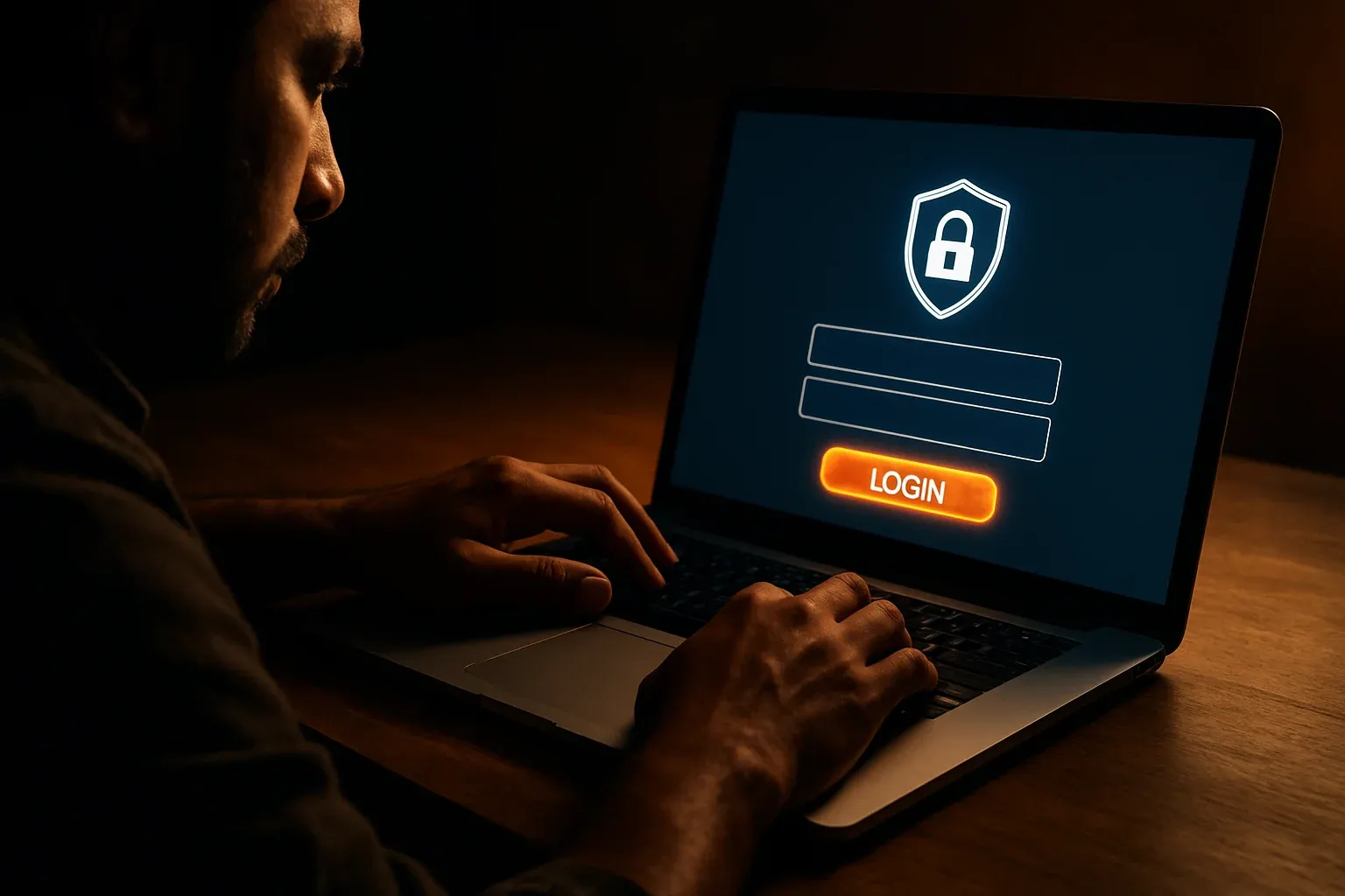 Bangladeshi man's hands on laptop showing stylized login form