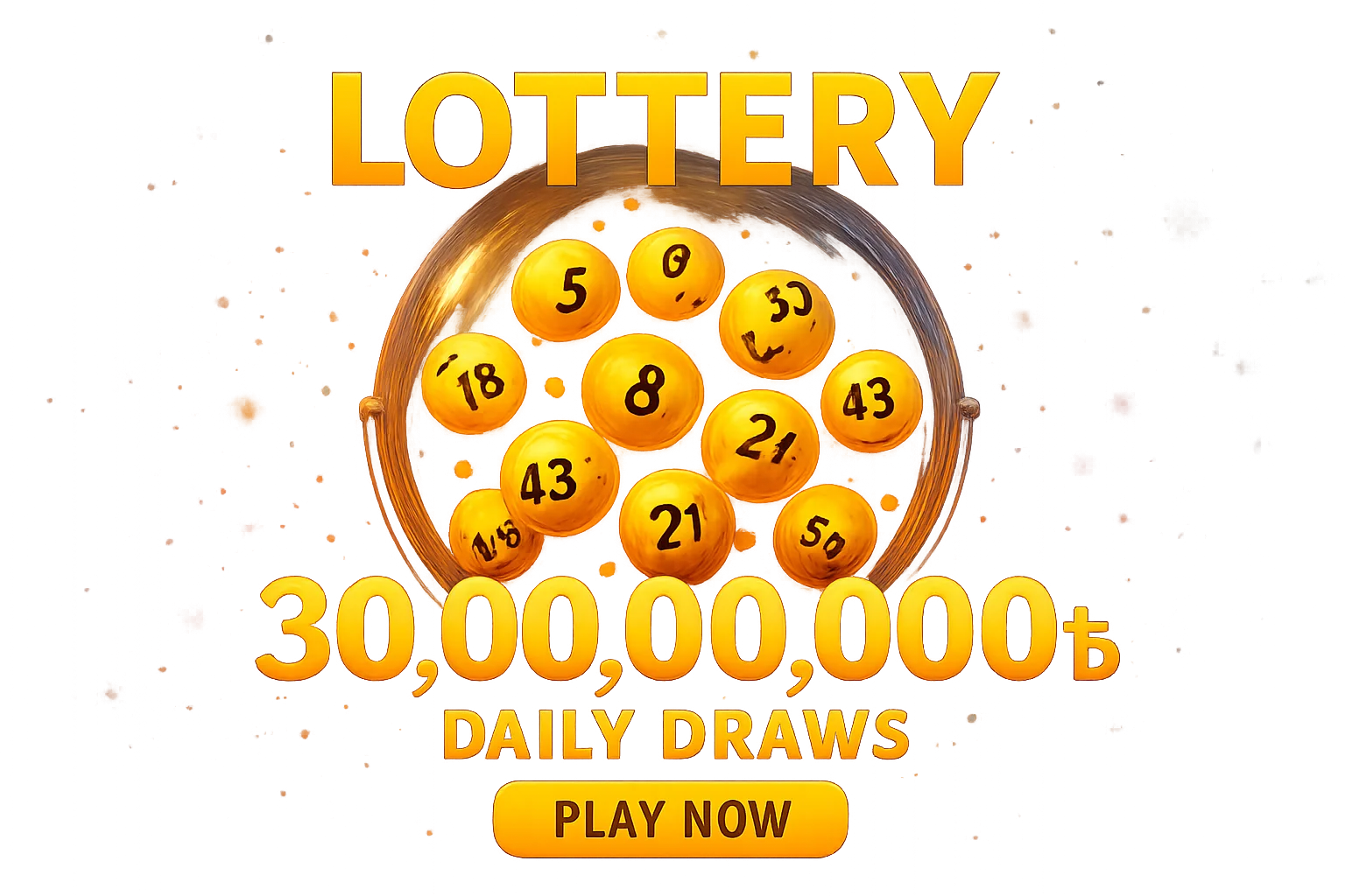 Glowing golden lottery balls in draw machine with jackpot banner