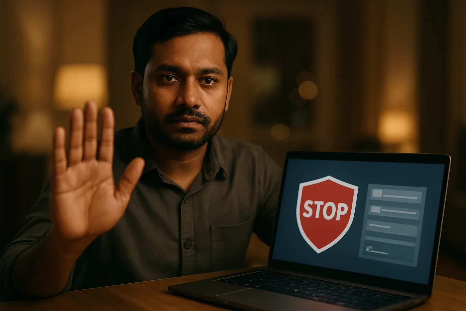 Bangladeshi man shows stop gesture beside laptop with responsible gambling controls