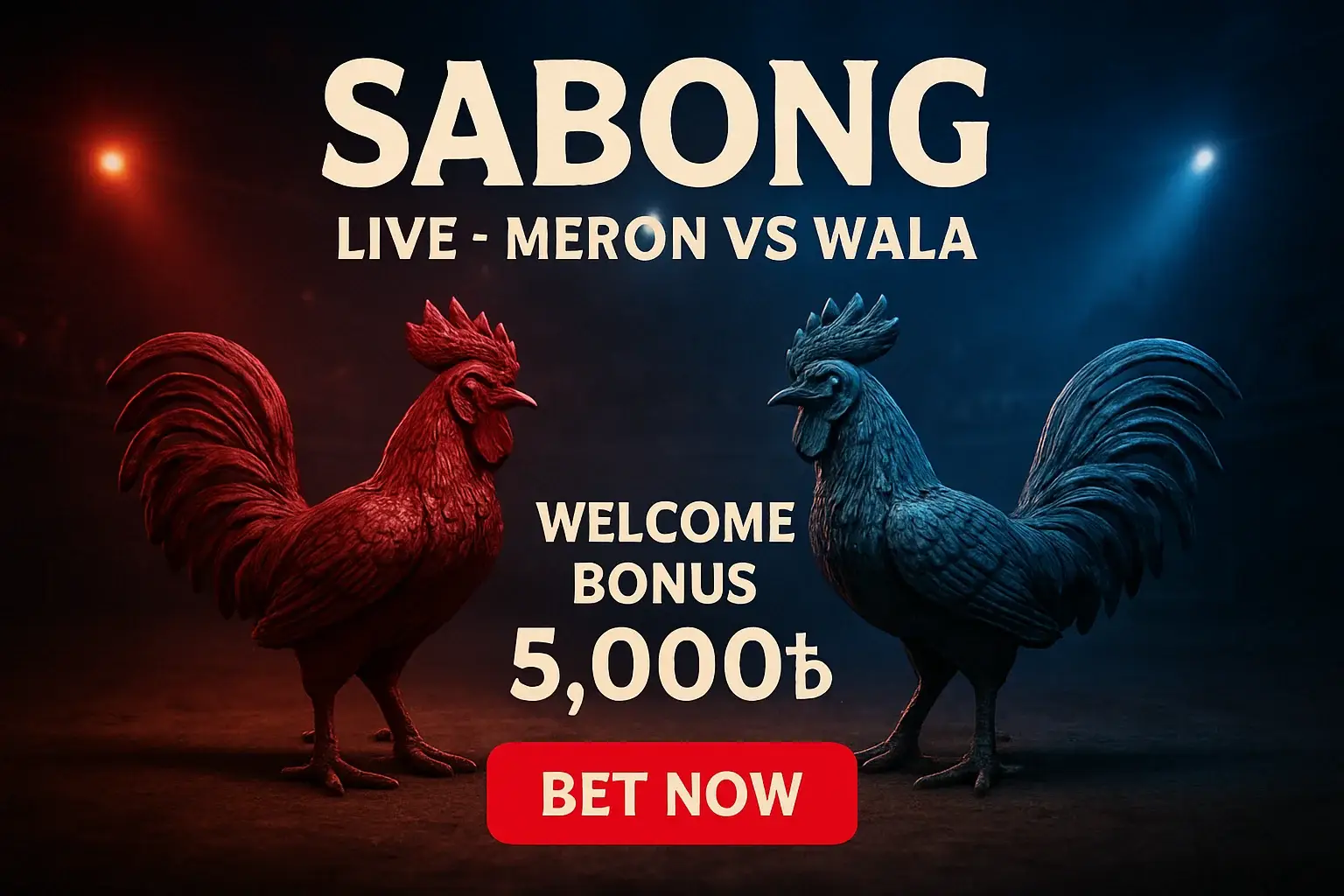Promotional live sabong banner with decorative rooster figurines and bonus offer