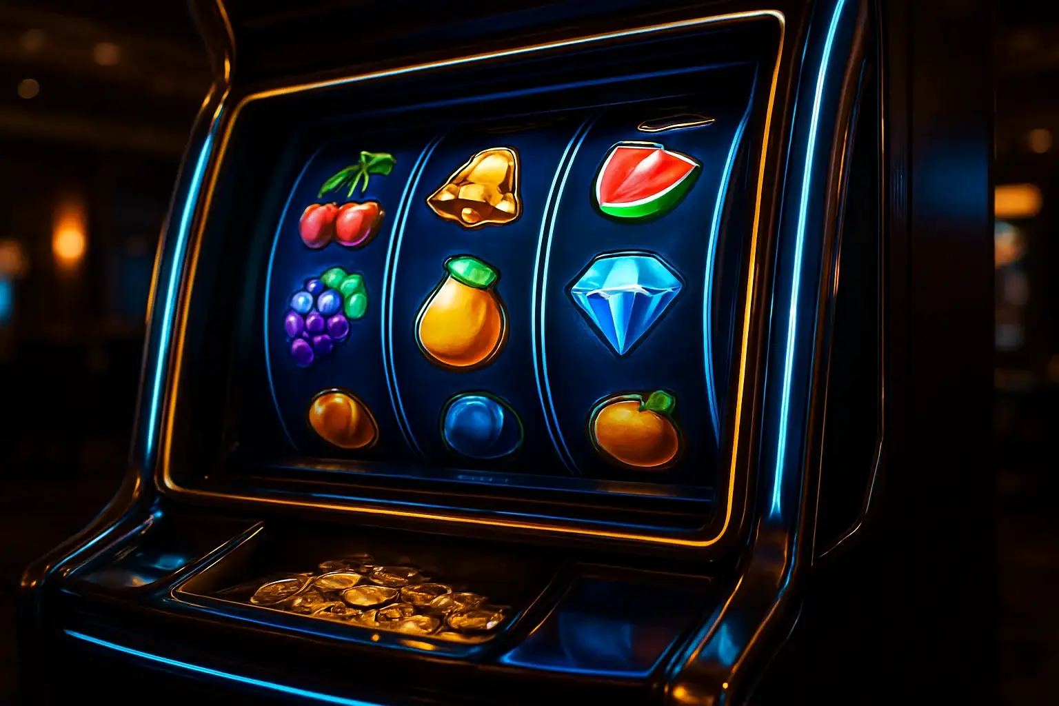 Hyperrealistic premium slot machine with glowing reels in luxury casino